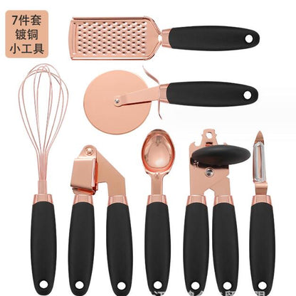 7 Pcs Kitchen Gadget Set Copper Coated Stainless Steel Utensils with Soft Touch Rose Gold Garlic Press Pizza Cutter