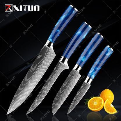 XITUO kitchen knives Set Exquisite blue resin handle Laser Damascus pattern Chef knife Santoku Cleaver Slicing Knives Best Gift