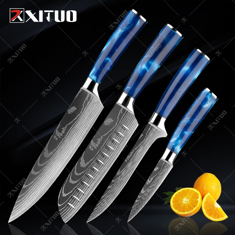 XITUO kitchen knives Set Exquisite blue resin handle Laser Damascus pattern Chef knife Santoku Cleaver Slicing Knives Best Gift