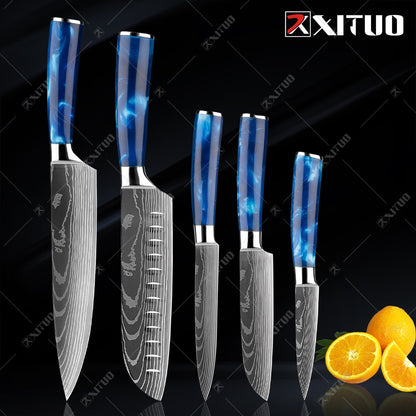 XITUO kitchen knives Set Exquisite blue resin handle Laser Damascus pattern Chef knife Santoku Cleaver Slicing Knives Best Gift