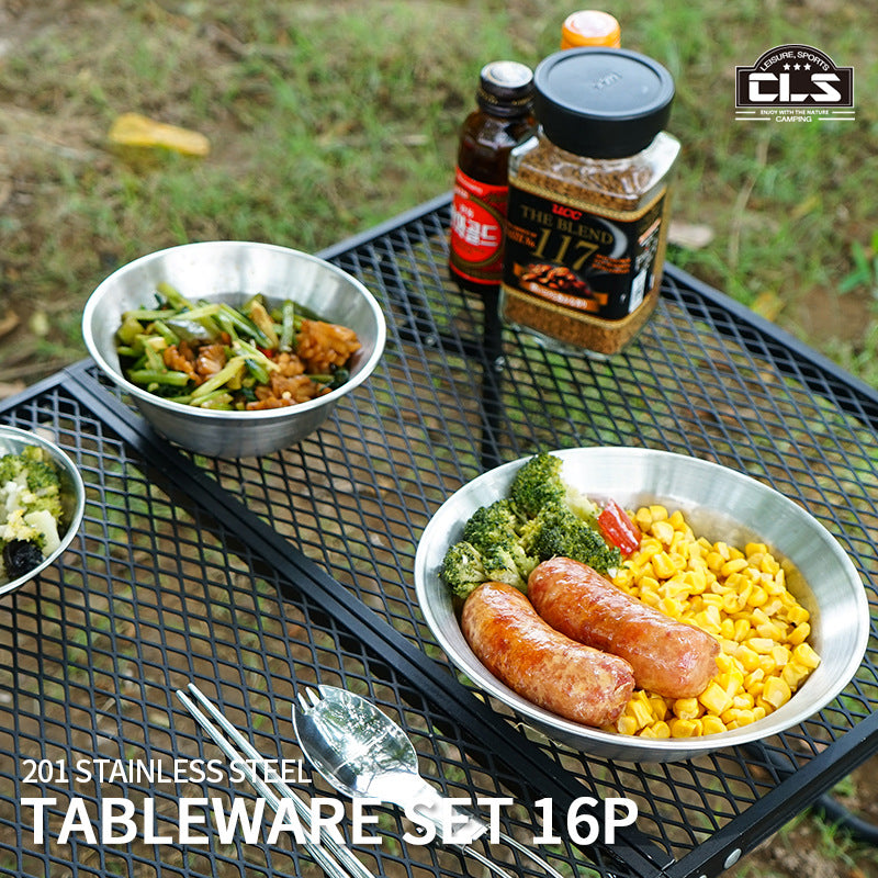 Outdoor Stainless Steel Dinner Plate Bowl 16-Piece Set Of Self-Driving Tour Portable Camping Barbecue Plate Household Soup Pot Plate