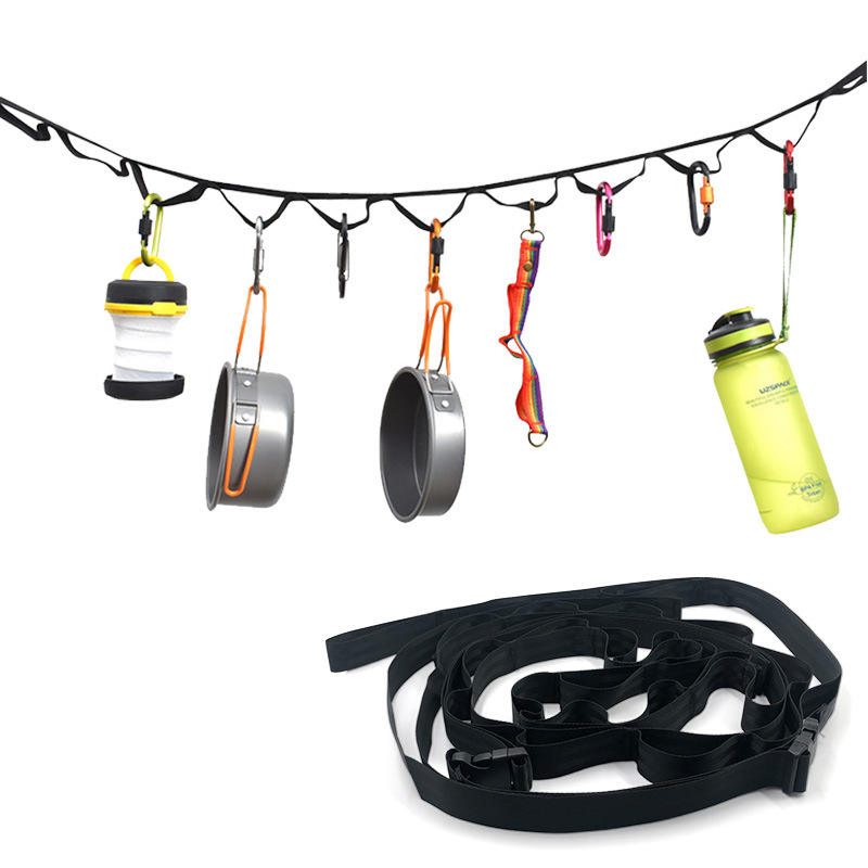 Outdoor camping tent storage rope adjustable clothesline strap camping lanyard with 19 hook hangers