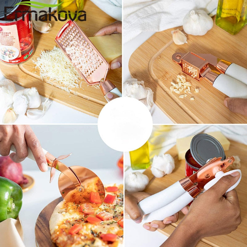 7PC Rose Gold Kitchen Gadget Set Can Opener Potato Cooking High-End Garlic  Press Pizza Cutter