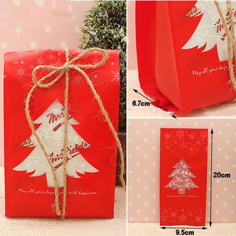 50pcs Red Green Merry Christmas Tree Snowflake Plastic Bag Candy Dessert Bags Wedding Christmas Party Kids Gift Bags Supplies