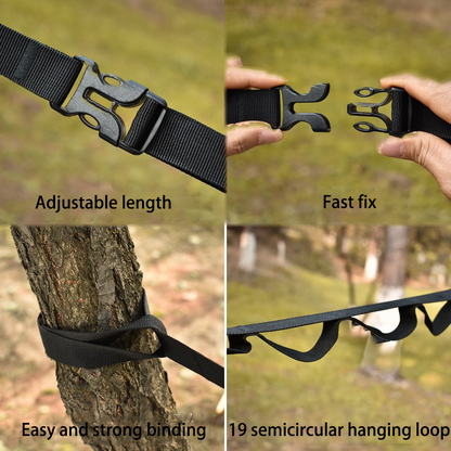 Outdoor camping tent storage rope adjustable clothesline strap camping lanyard with 19 hook hangers