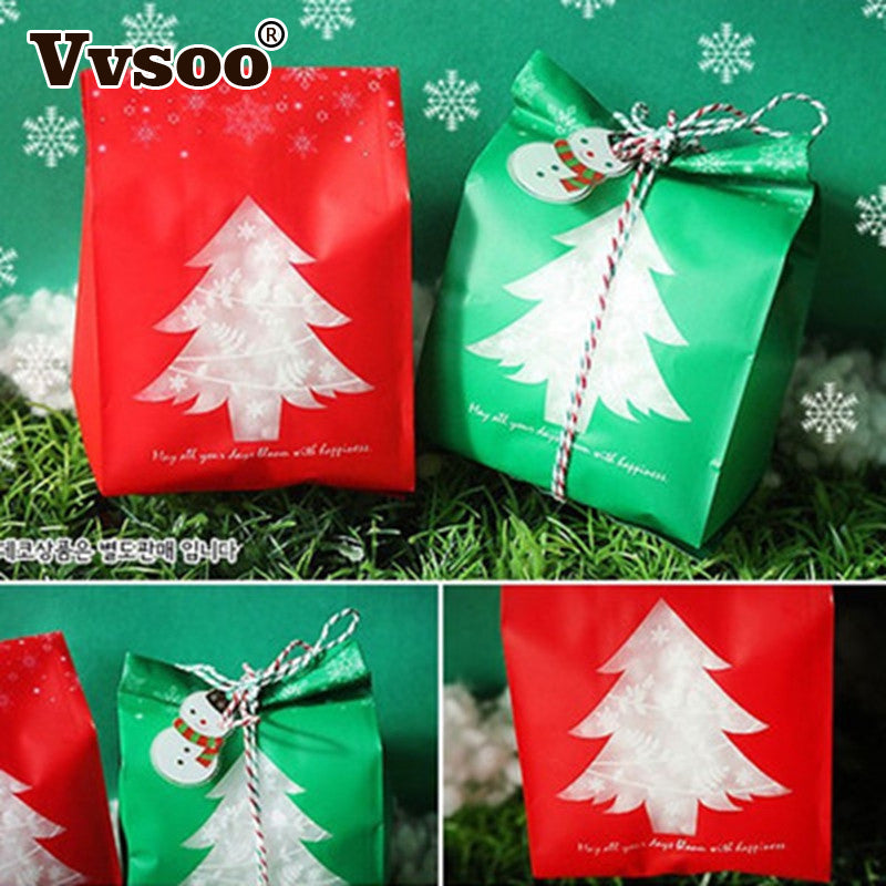 50pcs Red Green Merry Christmas Tree Snowflake Plastic Bag Candy Dessert Bags Wedding Christmas Party Kids Gift Bags Supplies