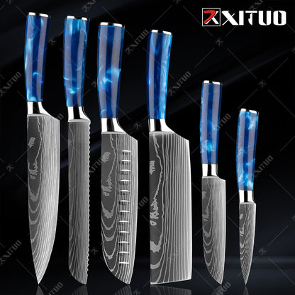 XITUO kitchen knives Set Exquisite blue resin handle Laser Damascus pattern Chef knife Santoku Cleaver Slicing Knives Best Gift