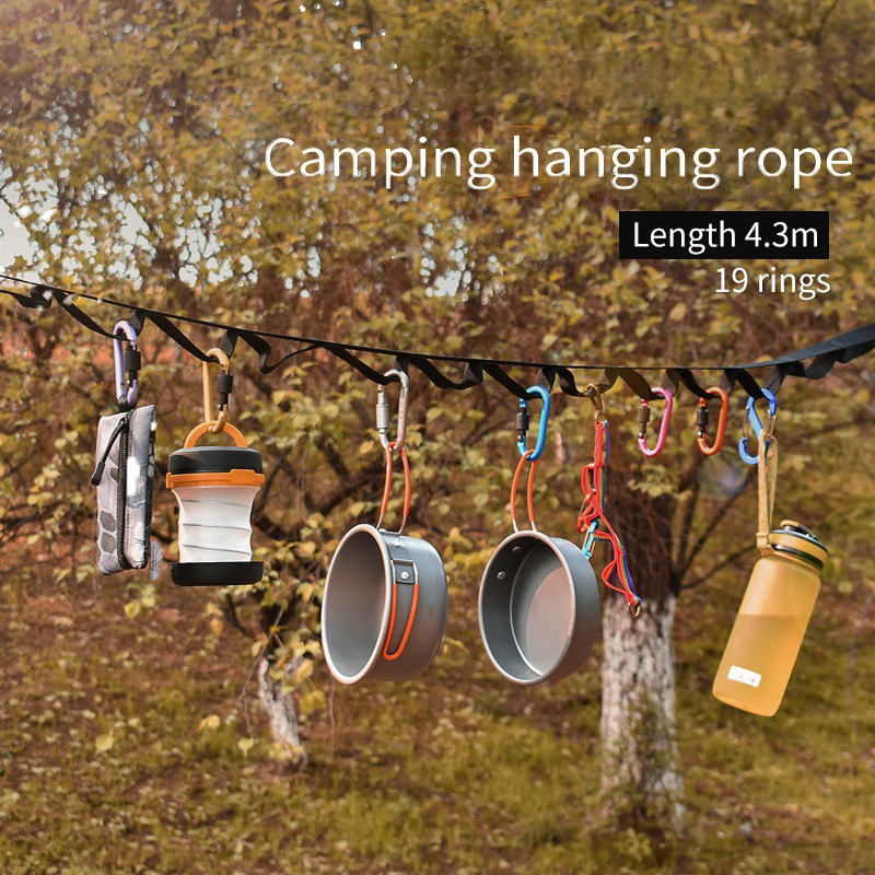 Outdoor camping tent storage rope adjustable clothesline strap camping lanyard with 19 hook hangers