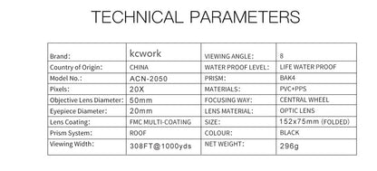 KCWORK Monocular 20x50 Powerful Binoculars High Quality Zoom Great Handheld Telescope lll night vision Military HD Professional Hunting