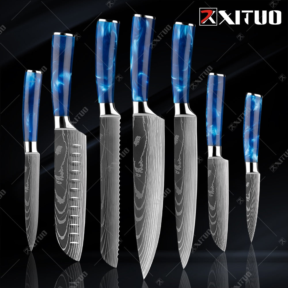 XITUO kitchen knives Set Exquisite blue resin handle Laser Damascus pattern Chef knife Santoku Cleaver Slicing Knives Best Gift