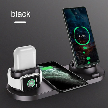 6 in 1 Wireless Charger Dock Station for iPhone/Android/Type-C USB Phones 10W Qi Fast Charging For Apple Watch AirPods Pro