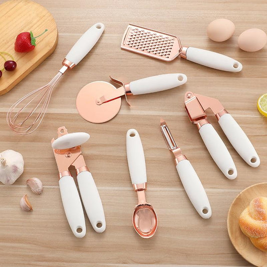 7 Pcs Kitchen Gadget Set Copper Coated Stainless Steel Utensils with Soft Touch Rose Gold Garlic Press Pizza Cutter