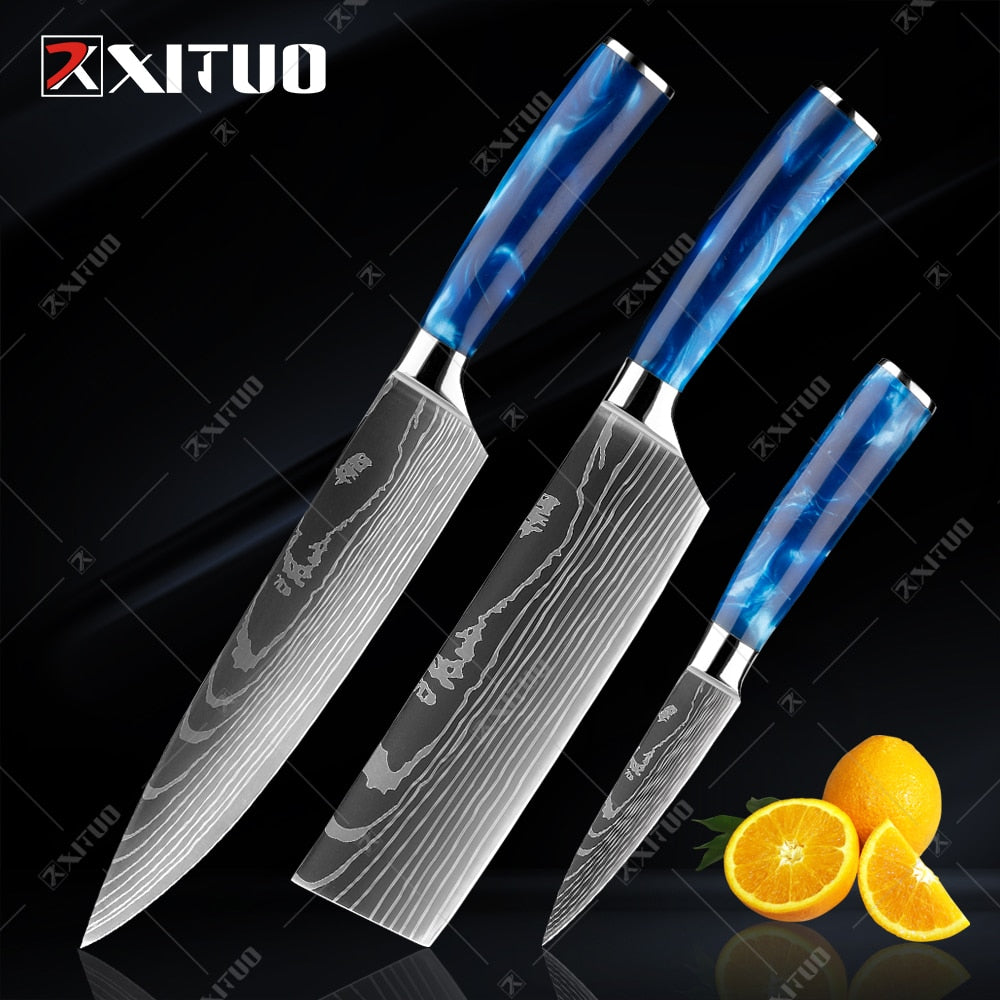 XITUO kitchen knives Set Exquisite blue resin handle Laser Damascus pattern Chef knife Santoku Cleaver Slicing Knives Best Gift