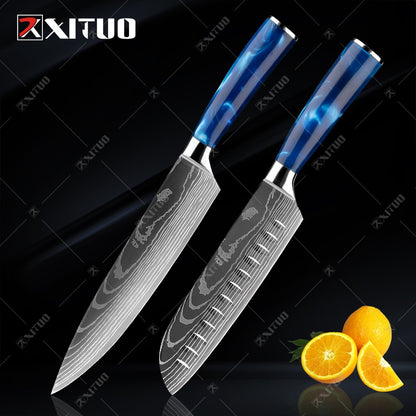 XITUO kitchen knives Set Exquisite blue resin handle Laser Damascus pattern Chef knife Santoku Cleaver Slicing Knives Best Gift